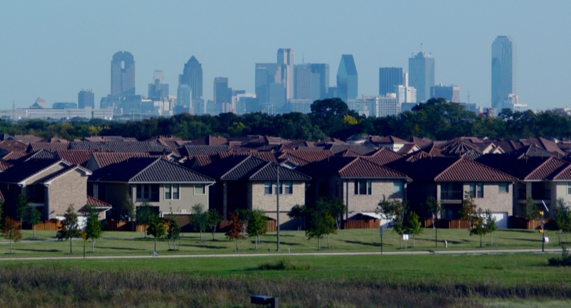 Dallas skyline and suburban areas including Highland Village region